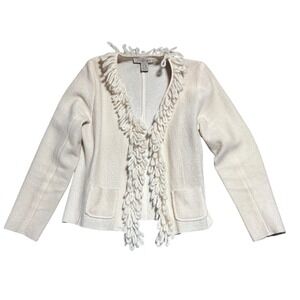 c.l.o.t.h.e.s. 100% Wool‎ Cream Fringe Cardigan L Shaggy Artsy Y2K Textured Boho